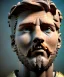 Placeholder: Gran angular, Realistic image, roman sculpture, marble deluxe material, Lionel Messi, gold Laurel leaves crown model, miguel angel style, chisel style, emperador, God light, god rays, 4k resolution, smooth details, ornate details, soft lighting, unreal engine 5, soft cyan background.