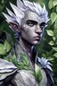 Placeholder: male, teen, dnd changeling, grey skin, white iris, nature, leaves, realistic
