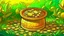 Placeholder: fantasy cartoon illustration: pot of golden coins in the grass