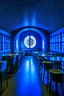 Placeholder: A restaurant whose outer walls are oval in shape, the color of the inside is blue, and its floor is light, with a bar table in the middle of the restaurant in the shape of an oval, containing 30 chairs without windows.