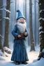 Placeholder: a cute old gnome standind in the winter snowing, forest ,smailing expression, heat blue, dress with long skirt, , he holding onelight lanthern, Rien Poortvliet style