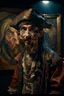 Placeholder: portrait of crazy art pirate thief in front of insane painting, 4 k, down light, depth of field, trending on art station, high detail, cracked ground