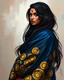 Placeholder: painting in a highly stylized, cinematic art style depicts a beautiful woman with long, flowing dark hair and dark eyes, adorned with a red bindi on her forehead and red lipstick. She is wearing an elaborate robe composed of dark blue, blue, gray, and gold fabric with a pattern of gold circles and abstract shapes, including some red and orange elements. The woman is positioned with her right shoulder partially exposed, revealing a glimpse of her dark skin. Her dark hair cascades dramatically aro