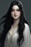 Placeholder: a 16 year old woman, white skin, long wawy black hair, beautiful round face, black eyes, in a white dress, realistic epic fantasy style