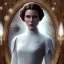 Placeholder: model shoot style, digital art zoomed out portrait of (Princess Leia) ((dressed in white and off white gown)), surrounded by 100 planets, ultra-detailed, ultra quality, illustration, eerie atmosphere, 8k, cinematic lighting