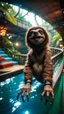 Placeholder: fish-eye photo of furry hairy pimp rocker alien gremlin sloth dwarf on bridge over water slide magically levitating in dark lit reflective wet jungle hall hotel tunnel, in the style of fallout 4 game,bokeh like f/0.8, tilt-shift lens 8k, high detail, smooth render, down-light, unreal engine, prize winning