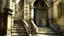 Placeholder: A weathered, medieval-style building showcases an ancient stone staircase ascending towards a grand arched doorway. The doorway is adorned with intricate carvings and a small, stained-glass window that filters a soft, ethereal light. The scene is filled with architectural details, such as worn-out stone pillars and weathered walls, creating an atmosphere of historical grandeur and mystery. The overall composition evokes a sense of time-worn charm and intrigue.