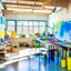 Placeholder: Create an image of an open art studio bathed in natural light, with colorful artwork adorning the walls and workstations. Include recycling bins, energy-efficient lighting, and sustainable art supplies, highlighting the commitment to sustainability and environmental consciousness.