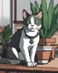Placeholder: Pixel art of a curious cat with bright green eyes, sitting next to a potted plant on a wooden table