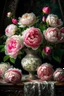 Placeholder: a magnificent, huge bouquet of white and bright pink peony-shaped roses on the table, a beautiful tablecloth, candles, a white vase, hyperphotorealism, mega-volume watercolor,impressionism,ultra-detail,filigree, cinematic, symmetry,many details,dark botanical, beautiful illumination from the inside, soft play of shadows and light, lumen,octane, aesthetically pleasing,beautiful, dim lighting,5d,64k,600dpi,30mm lens,1/250s, f/2.8,ISO5000