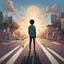 Placeholder: Illustrate a scene where a young afro-caribbean man stands at the center of a crossroads, with roads stretching out in every direction. Each path is labeled with a different duty or role he plays in life. Above him, the sky transitions from dawn to dusk, showing the cyclical nature of his Sundays.