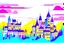 Placeholder: Scenes A skyview over a city in a not scary hell, a castle on a hill in the background, style: children’s book illustration, flat vector-like, no shadow, minimalistic, no outline