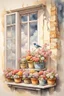 Placeholder: Shabby chic window with flowerpots and bouquets filled with beautiful flowers.full sunlight, stormy clouds, bird, watercolour and ink, stained glass Modifiers: elegant intricate beautiful fantastic view crisp quality colourful Jean-Baptiste Monge pastel colors full view