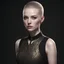 Placeholder: ((young woman pale skin)), dark background, mid shot, full body, neutral expression, buzzcut hair, ultra realistic, highres, superb, 8k wallpaper, extremely detailed, intricate, limited palette, ((sleeveless))