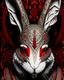 Placeholder: Beautiful rabbit animal portrait adorned vidh metric voidcore shamanism rococo headress and costume armour white and red and black wearing venetian voidcore half face masque organic bio palimpsest metric voidcore metallic filigree extremely detailed hyperrealistic maximálist rabbit portrait art