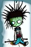 Placeholder: 2d drawing of a stickman, cool with punk hair, x eyes like in hangman, laying flat on stomach,top view of full body,3d realistic in colour