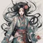 Placeholder: create an abstract expressionist full body illustration of a darkly magical, raggedly clothed Japanese sorceress with highly detailed and deeply cut facial features, searing lines and forceful strokes, precisely drawn, boldly inked, with rich striking pale winter colors