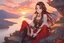 Placeholder: woman with long brown hair, red eyes, pale skin, highly detailed, intricate background, intricate face, sitting on a cliff during sunset, contemplative, anime style, Genshin Impact inspired, wears a Genshin Impact pyro vision amulet, dynamic composition