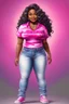 Placeholder: Create an magna cartoon image of a curvy black female wearing a hot pink tie dye t-shirt with white cut up jeans. Prominent make up with hazel eyes. Highly detailed long wavy brown and grey ombre hair flowing in the air.