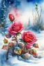 Placeholder: magic Winter landscape, blooming roses in the snow. Jean-Baptiste Monge style, watercolor, ink. Picturesque and colorful. Bright colors of the ring exquisitely luxury chic aesthetics photo harmony professional photo 64K pixel graphics high detail bright lighting