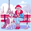 Placeholder: An elderly woman is knitting on a park bench, accompanied by her furry companion - a calm husky dog ​​resting next to her. In the background is the Eiffel Tower. The woman's lively personality shines through her whimsical outfit - a light blue sweater, striped tights and large round glasses perched on her nose. Her spiky red hair adds a touch of glamor to the scene. The sweet dog, with a shaggy yellow coat, lies peacefully with his head resting on the knitted fabric, providing a faithful compani