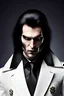 Placeholder: a tall, imposing Vampire, with broad shoulders and massive arms, Long, black hair, a nose that curves down like a vultures beak, a large, square chin with a large impression denting the center of it, extremely pale skin, dark, evil eyes, wearing a black leather jacket and pants with a black high collared leather cape, realistic lighting, Very accurate, full body portrait, eyes looking directly into the camera in dark dramatic lighting, realistic, photorealism, 4k, HD, Ultra-HD,