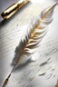 Placeholder: a beautiful white and gold quill pen writing on a sheet of white paper feather surrounded by music and happiness
