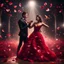 Placeholder: Hyper Realistic handsome muscular guy in black tuxedo & a beautiful girl in classy red gown dance in a wedding party with dramatic lightings & spotlight with rose-petals at dark night.