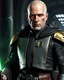 Placeholder: star wars bald male corellian jedi pilot wearing black and gunmetal grey old republic armored robes with gold trim inside the jedi temple holding a lightsaber with viridian green blade in left hand, centered head and shoulders portrait, hyperdetailed, dynamic lighting, hyperdetailed background, 8k resolution, volumetric lighting, light skin, fully symmetric details