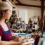 Placeholder: Close up of Beautiful female artist painting a self portrait in her attic studio, dramatic light, shadows