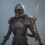 Placeholder: Skull headed knight with armor, big sword, standing still, smoke, realistic, 4K, High Definition, Centered