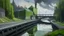 Placeholder: Oil painting, river power plant with a bright, reflective sheet metal roof, inspection opening visible, alongside a busy road with passing vehicles, sophisticated muted-green color scheme, dramatic dutch light, creative, extremely detailed brush stroke