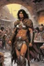 Placeholder: Ernie Chan Savage Sword of Conan #22: In a bustling café, the Wounded Gallic Warrior and the woman resembling the Sleeping Hermaphrodite find solace amidst the chaos of the modern world. His tattered armor and fur-lined cloak clash with the contemporary setting, drawing curious glances. Her flowing garments blend seamlessly with both ancient and modern realms. Their eyes meet, conveying determination and empathy. The warrior confesses his struggle with the unfamiliar surroundings, seeking guidan