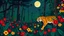 Placeholder: A tiger prowls through a lush jungle filled with dense foliage, vibrant red and yellow flowers, and tall trees. In the background, three figures carrying spears walk through the undergrowth, and a full moon shines in the night sky. A bird perches on a branch in the upper center of the image. The scene is rendered in a naive, dreamlike style with bold colors and flattened perspective.