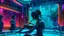 Placeholder: A modern digital illustration of a futuristic bathhouse where a musician is playing a glowing violin as water cascades around them. Their hair is braided with glowing neon strands, adding a cyberpunk twist to the serene scene.