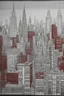Placeholder: Fine lines draw of a dream city , nyc building , gray and only one building painted dark red