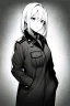 Placeholder: military girl puts her hand in her pocket to take something, greyscale