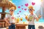 Placeholder: 3D video game characters, a short blonde haired man wearing eyeglasses, t-shirts and jeans at the beach in sunshine, tiki bar, cocktails, hearts, waterfall, happiness