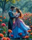 Placeholder: Beautiful Princess Romantic dancing salsa with handsome prince in Wild garden, flower beds, fractal ornamentation, over detailed, gloriously full and confusing, nothing that really exists, everything made up, fantasy world, sweet briar, photography graphic art, song birds, ochre rose, rose buds, dewy morning, forest of oaks,