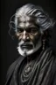 Placeholder: a photo of an Hindu man with ethnic jewelry, grey hair and grey flowing robe, in style of Annie Leibovitz, contemporary portrait of a mature yet beautiful and modernist man, black and grey, detailed masculine face, swirling fluid smokey enigma, award-winning artwork