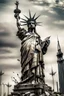 Placeholder: the statue of liberty, dress dirty and torn, her face solemn and terse, her head hanging in defeat, trash littered at her feet, the american flag crumpled and ripped in a pile, the skyline dark and grungy
