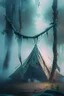 Placeholder: tent hanging in ropes, prehistoric forest, trending art, 8k, depth of field, volumetric fog, hi detail, spray paint