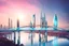 Placeholder: Dreamlike Skyline of Downtown futuristic hightech city in 4050 and a stunning futuristic Bridge During Sunlight with dark grey clouds in sky, over the azur-silver color river, cold colors, come storm, high detalied, sci-fi, landscape