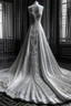 Placeholder: A very luxurious white wedding dress exposed from above made of leather engraved with very long