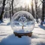 Placeholder: Frozen bubble in front of a snowy landscape, the bubble has wonderful icecrystals and the sun is shining, frozen, cold outside, swirley golden and silver lines, beads and pearls cover a tre trunk in the background