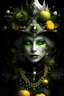 Placeholder: Beautiful silver and black and green witch woman portrait adorned with bioluminescense Halloween yellow white and green and black beads, pearls white dust pumpkin, frogs, spidere on the hat headdress, , wearing bronze autumn leaves textured black floral textured bioluminescense witch witch costume organic bio spinal ribbed detail of ornate bioluminescence bronze autumn white floral background extremely detailed hyperrealistic concept ar