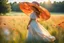 Placeholder: A young woman, elegantly adorned in a big summer hat and a flowing dress that matches the vibrant hues of the surrounding meadow, stands confidently in the center of a vast field. Her eyes are closed, a gentle smile playing on her lips as she feels the warm embrace of the sunshine and the tender kiss of a soft summer breeze. The meadow is a canvas of harmony, painted with a dazzling array of wildflowers that dance and sway in the little wind. The blue sky