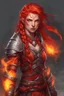 Placeholder: Female paladin Druid. Hair is long and bright red. It has some braids and looks like it is on fire. Eyes are noticeably red color, fire reflects. Makes fire with hands. Has a big scar over whole face