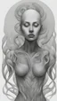 Placeholder: 𝙋𝙧𝙤𝙢𝙥𝙩 highly detailed graphite illustration, A surreal a beautiful woman figure with exaggerated anatomical features, and an intense, contemplative expression. bald head, thick eyebrows, long beard merge into swirling abstract shapes. Large, expressive hands, one covering the mouth and the other gripping the forehead tensely. Mysterious, introspective, dreamlike, somewhat dark fantasy. #𝙙𝙧𝙚art #prompt