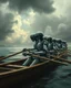 Placeholder: Bosch painting style, nightmare , an Ai robots sitting lined up in line one after another holding The boat's oars and rowing it , great quality picture with cinematic scenes , heavy clouds in the background